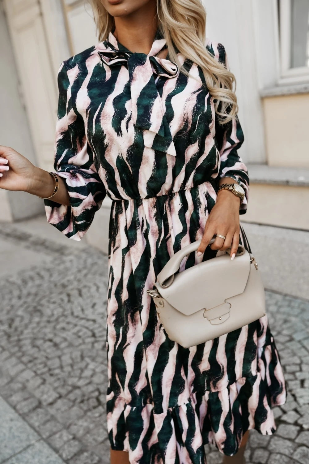 Modisches langärmliges Kleid mit Schleife und Zebra-Print für Damen