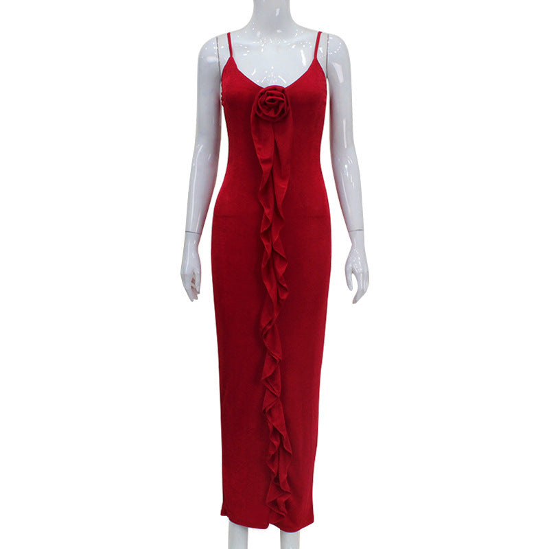 Sexy Sling-Kleid mit reinen Farben und Rüschen und hoher Taille