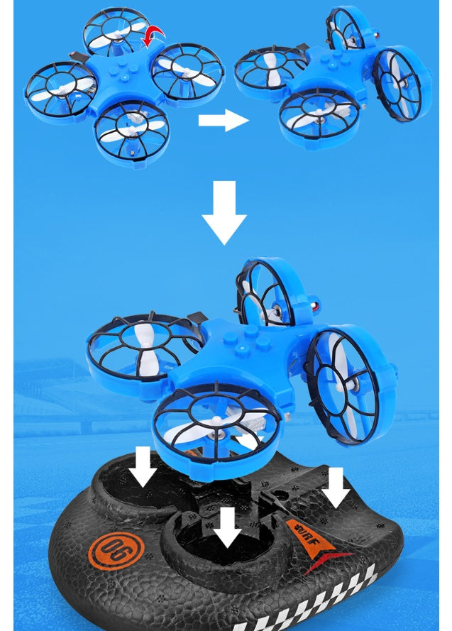 RC-Boot für Wasser, Land und Luft, vierachsiges Luftkissenfahrzeug, drei-in-eins-Multifunktionsspielzeug, taumelnde Mini-Drohne mit einem Knopfdruck