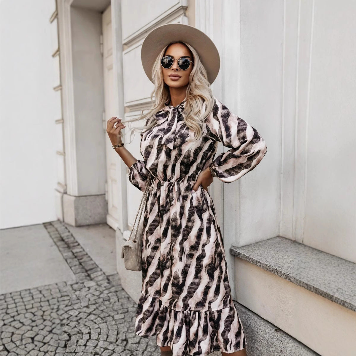 Modisches langärmliges Kleid mit Schleife und Zebra-Print für Damen