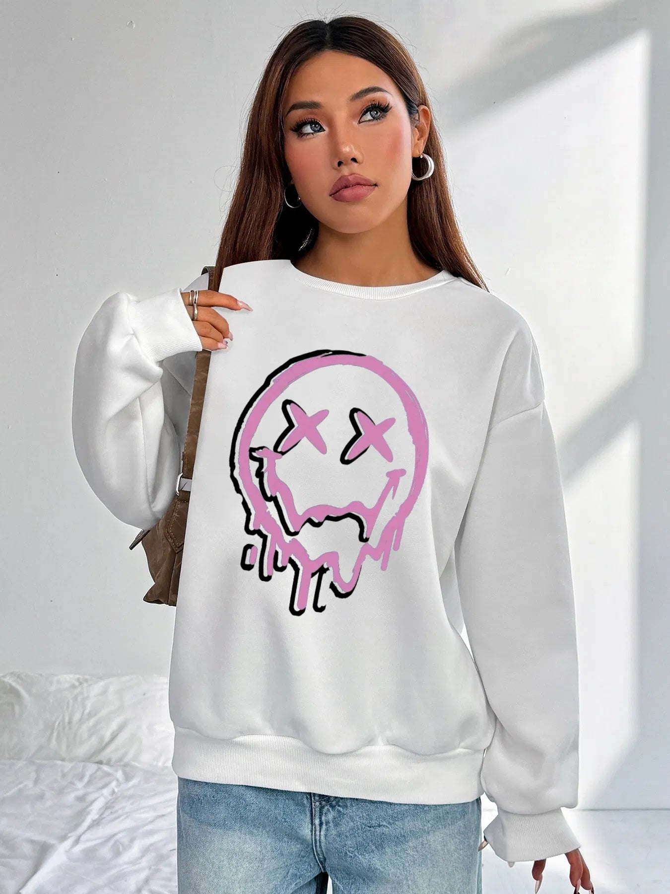 Women Basic Casual Pullover Spring Autumn Long Sleeve Printed Round Neck