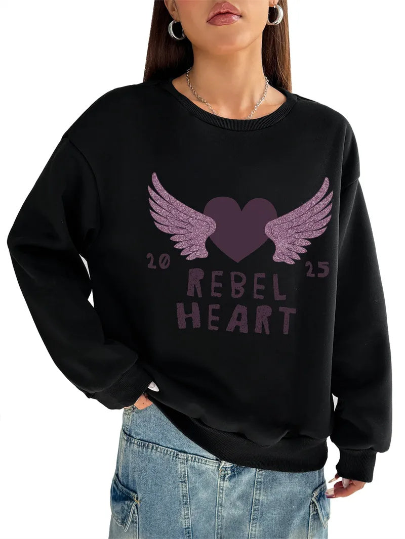 Women Basic Casual Pullover Spring Autumn Long Sleeve Purple Love Wings Printed Round Neck