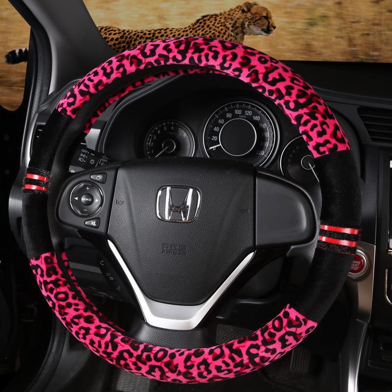 Winter Plush Car Steering Wheel Covers Leopard Grain