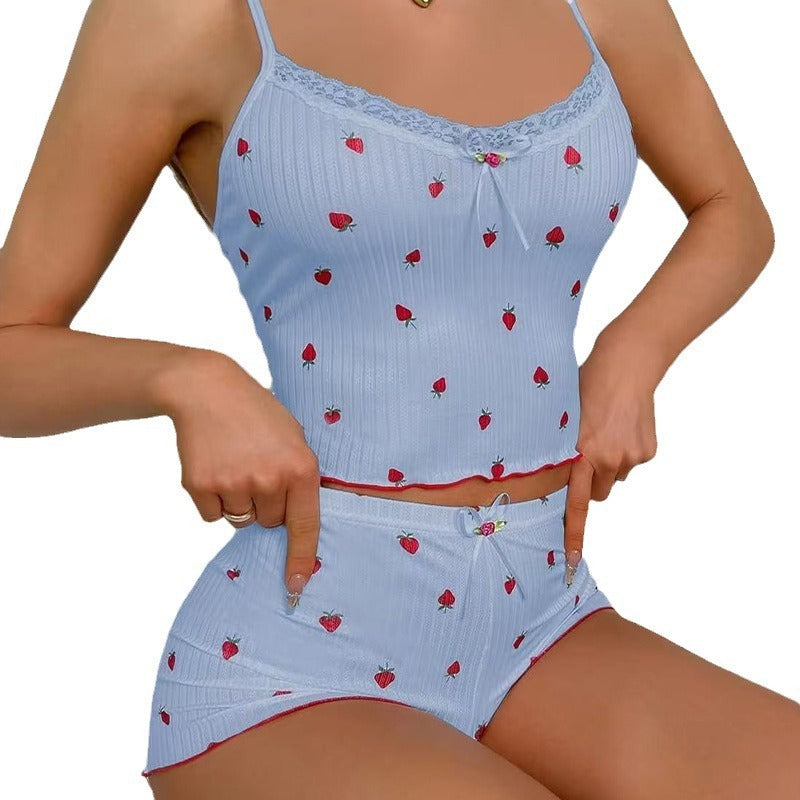 New Printed Big Pit Strip Home Ladies Bow Suspender Shorts Strawberry Printed Two-piece Suit Lace