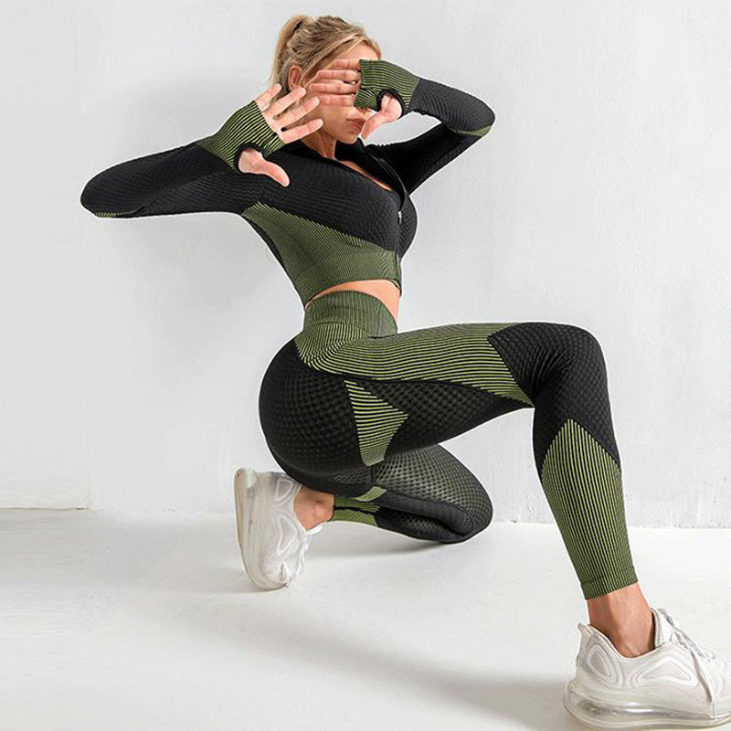 3-teiliges Yoga-Set, nahtloses Sport-Set für Damen, Fitnessstudio-Bekleidung, Leggings, Damen, bauchfreies Top, Sport-Bh, Damen, Fitness-Studio-Set, Damen-Outfits, Trainingsanzug