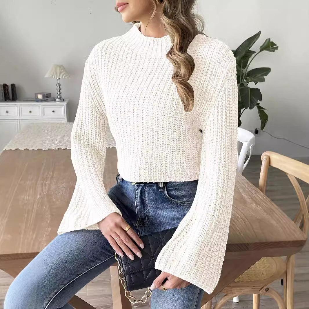 Women's Short Navel Woven Bell Sleeve Half Turtleneck Pullover