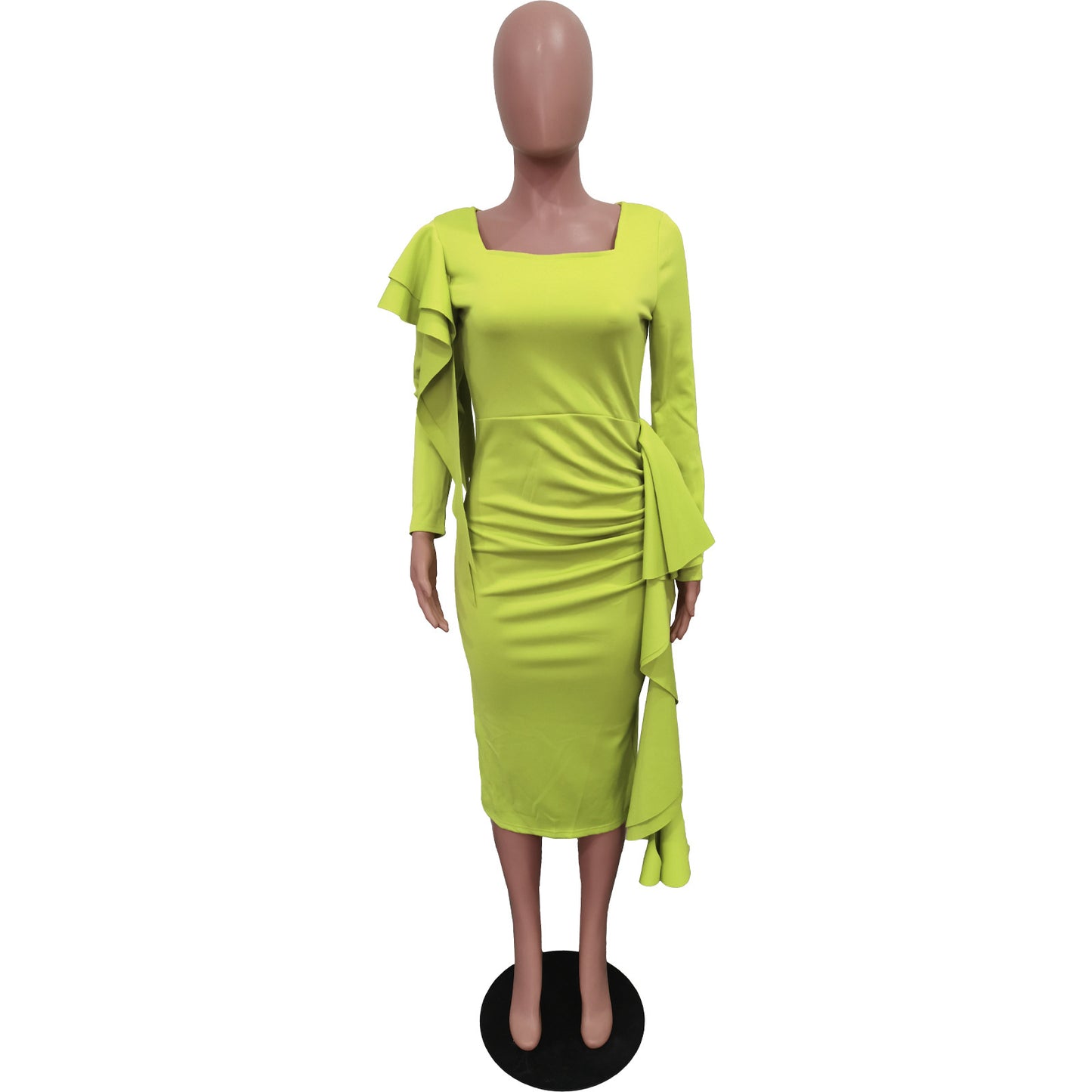 Solid Color Square Collar Pleated Long Sleeve Dress