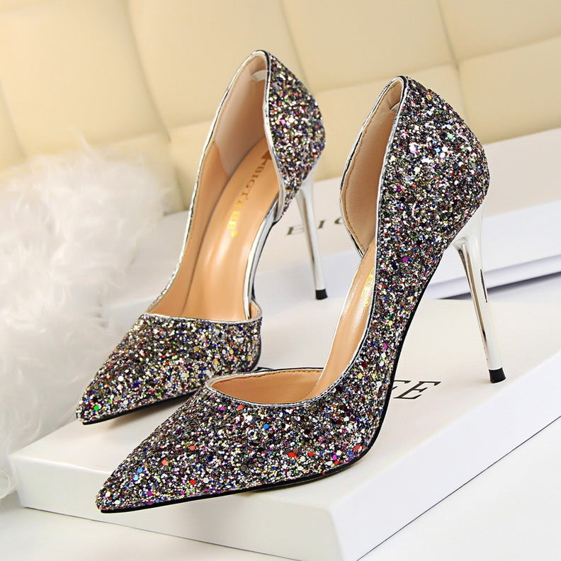 Skinny Women's Shoes Stiletto Heel Shallow Mouth Pointed Side Hollow-out Sequin