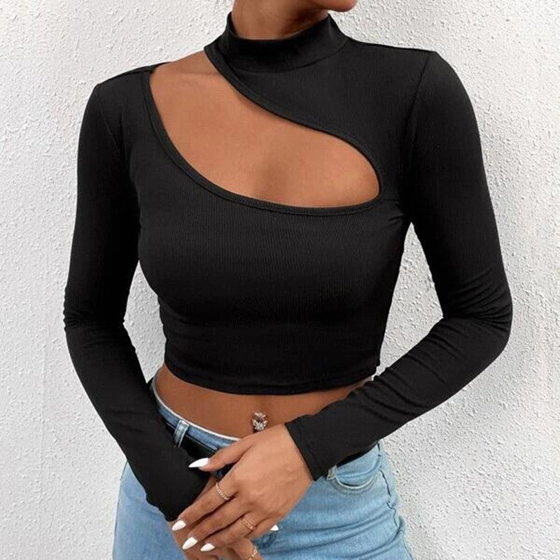 Trendy Unique Hollow Small Turtleneck Long Sleeve T-shirt