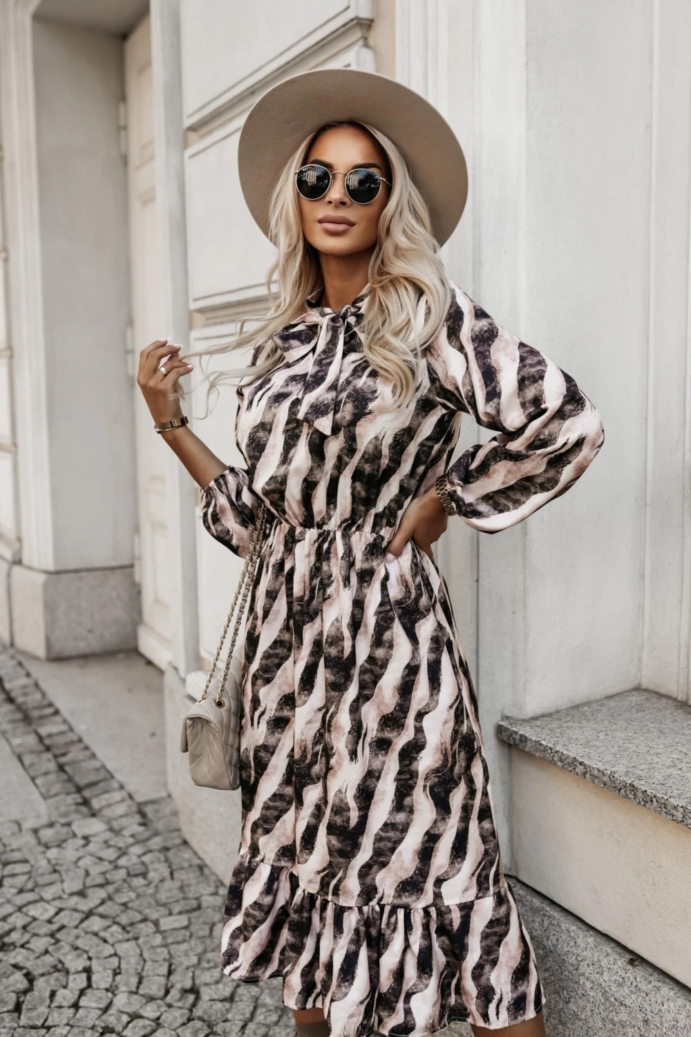 Modisches langärmliges Kleid mit Schleife und Zebra-Print für Damen