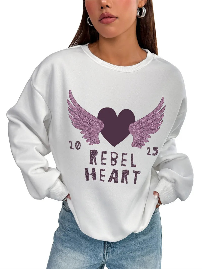 Women Basic Casual Pullover Spring Autumn Long Sleeve Purple Love Wings Printed Round Neck