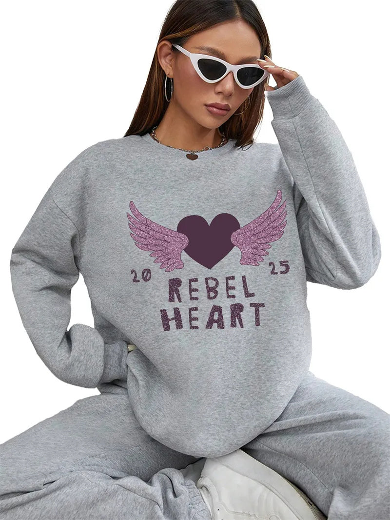 Women Basic Casual Pullover Spring Autumn Long Sleeve Purple Love Wings Printed Round Neck