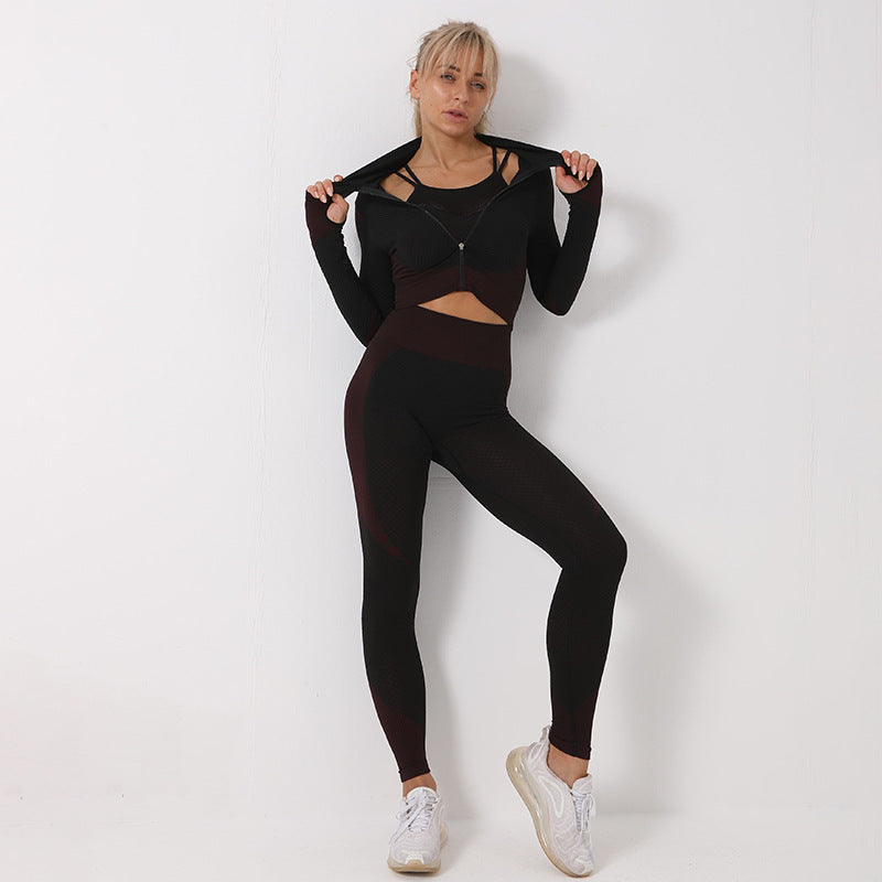 3-teiliges Yoga-Set, nahtloses Sport-Set für Damen, Fitnessstudio-Bekleidung, Leggings, Damen, bauchfreies Top, Sport-Bh, Damen, Fitness-Studio-Set, Damen-Outfits, Trainingsanzug