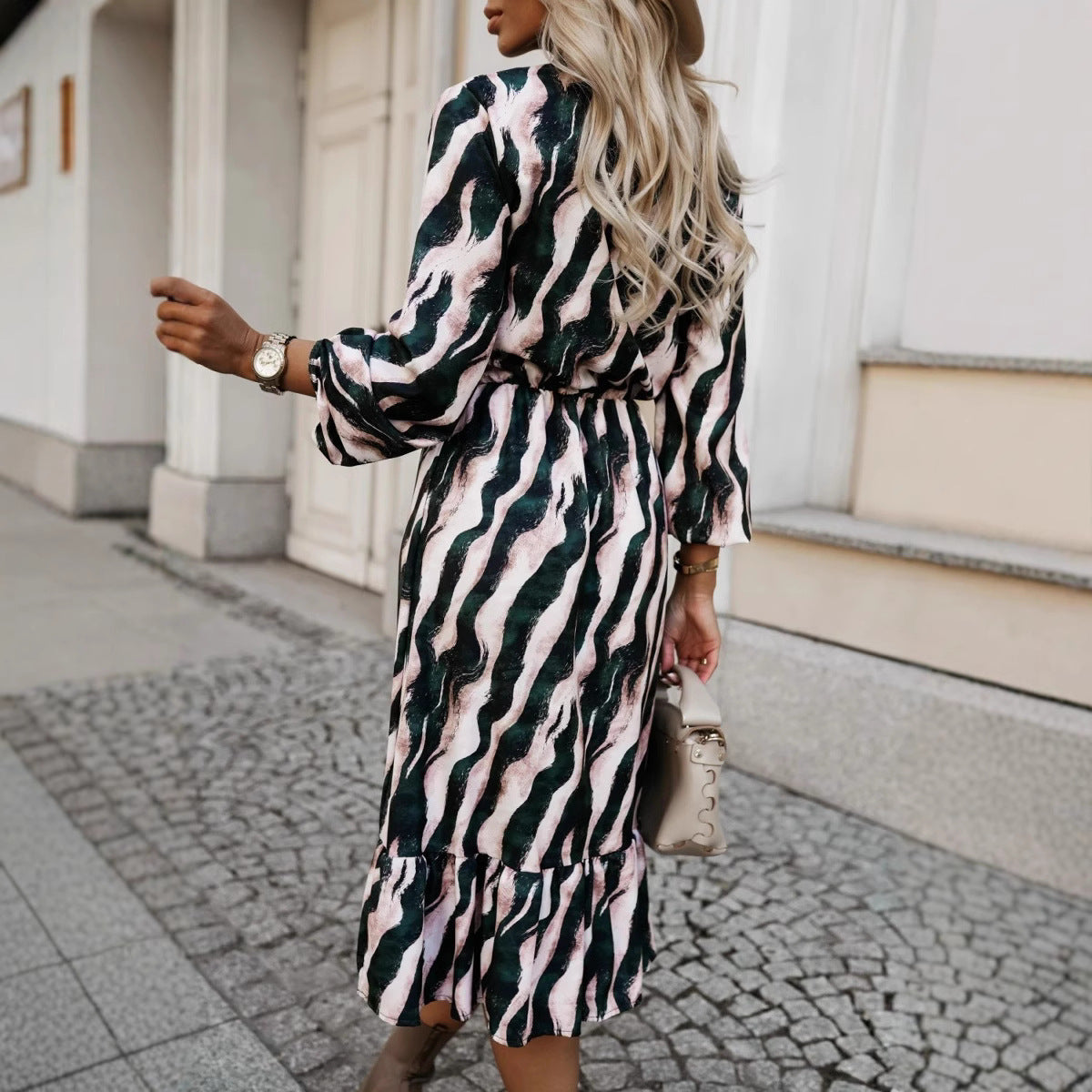 Modisches langärmliges Kleid mit Schleife und Zebra-Print für Damen