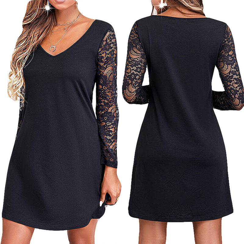 Solid Color And V-neck Lace Long Sleeve Dress