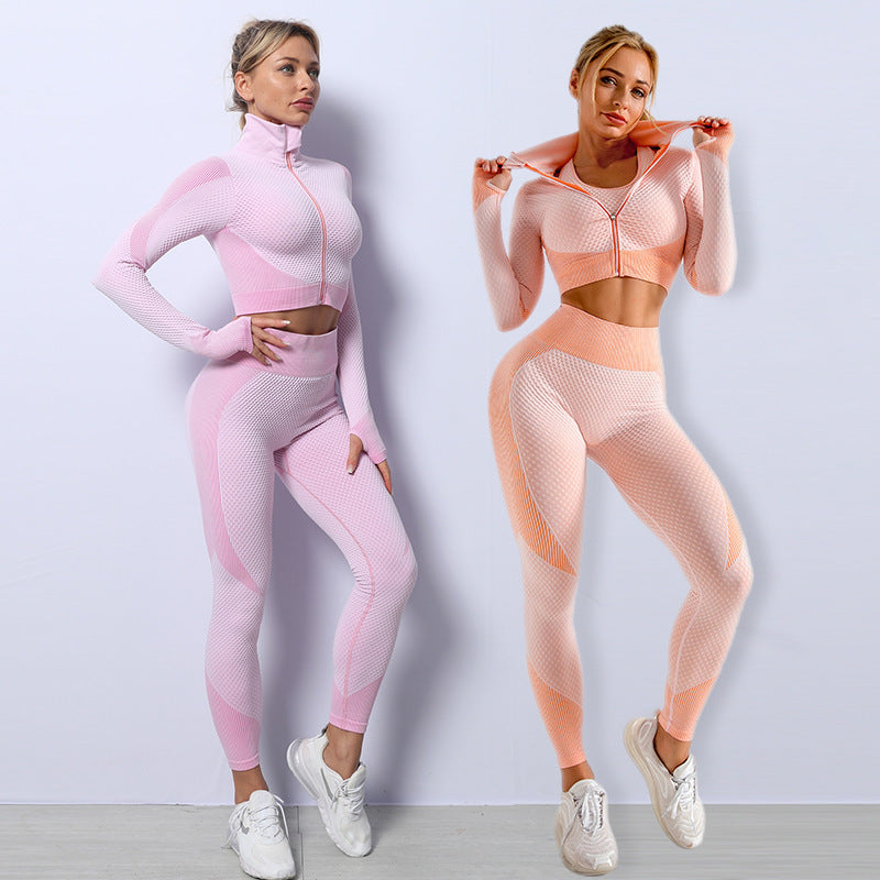 3-teiliges Yoga-Set, nahtloses Sport-Set für Damen, Fitnessstudio-Bekleidung, Leggings, Damen, bauchfreies Top, Sport-Bh, Damen, Fitness-Studio-Set, Damen-Outfits, Trainingsanzug