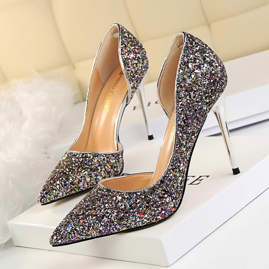 Skinny Women's Shoes Stiletto Heel Shallow Mouth Pointed Side Hollow-out Sequin