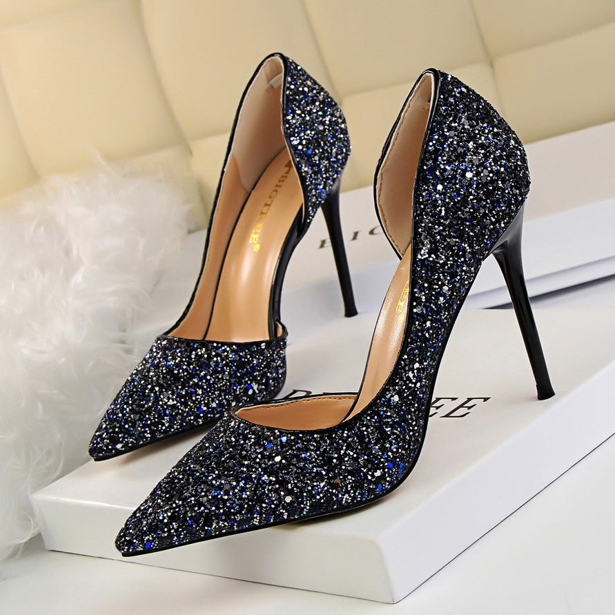 Skinny Women's Shoes Stiletto Heel Shallow Mouth Pointed Side Hollow-out Sequin