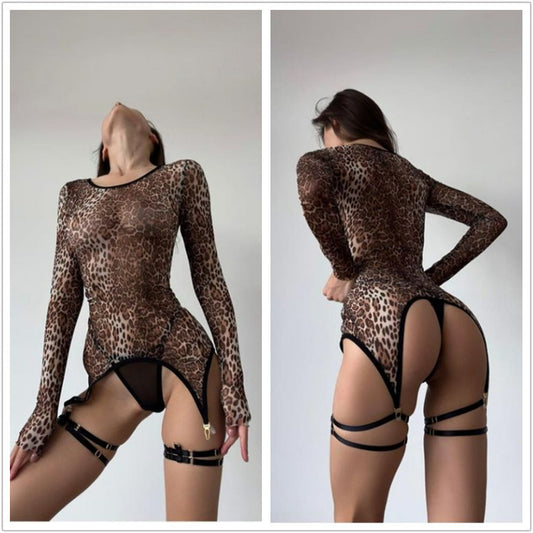 New Long Sleeve Leopard Print Hot Sexy See-through Women's Fashion Suit