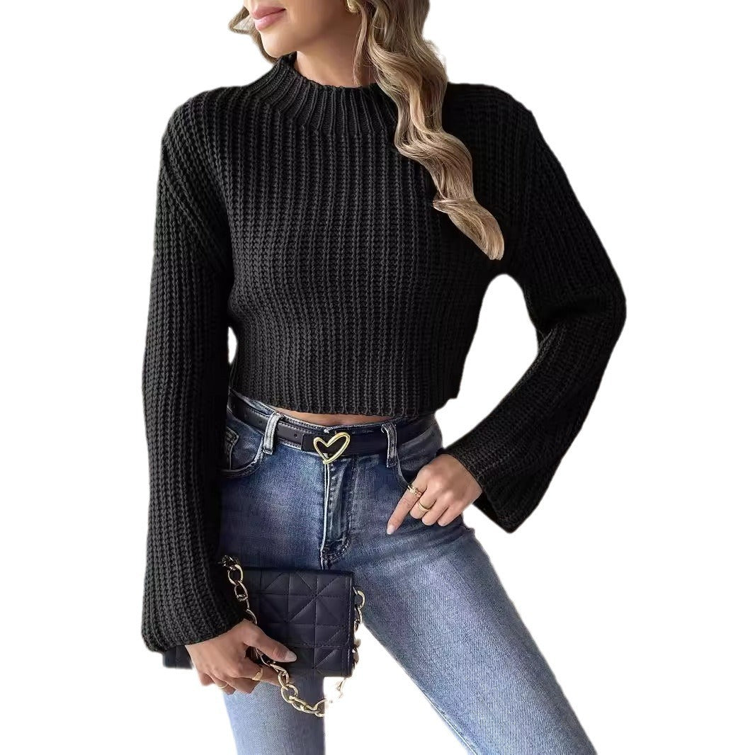 Women's Short Navel Woven Bell Sleeve Half Turtleneck Pullover