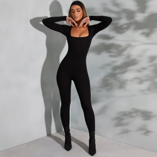 Moderner Jumpsuit in Volltonfarbe mit Langen Ärmeln, Bauch- und Taillenformung sowie Hüftstraffung und eckigem Kragen