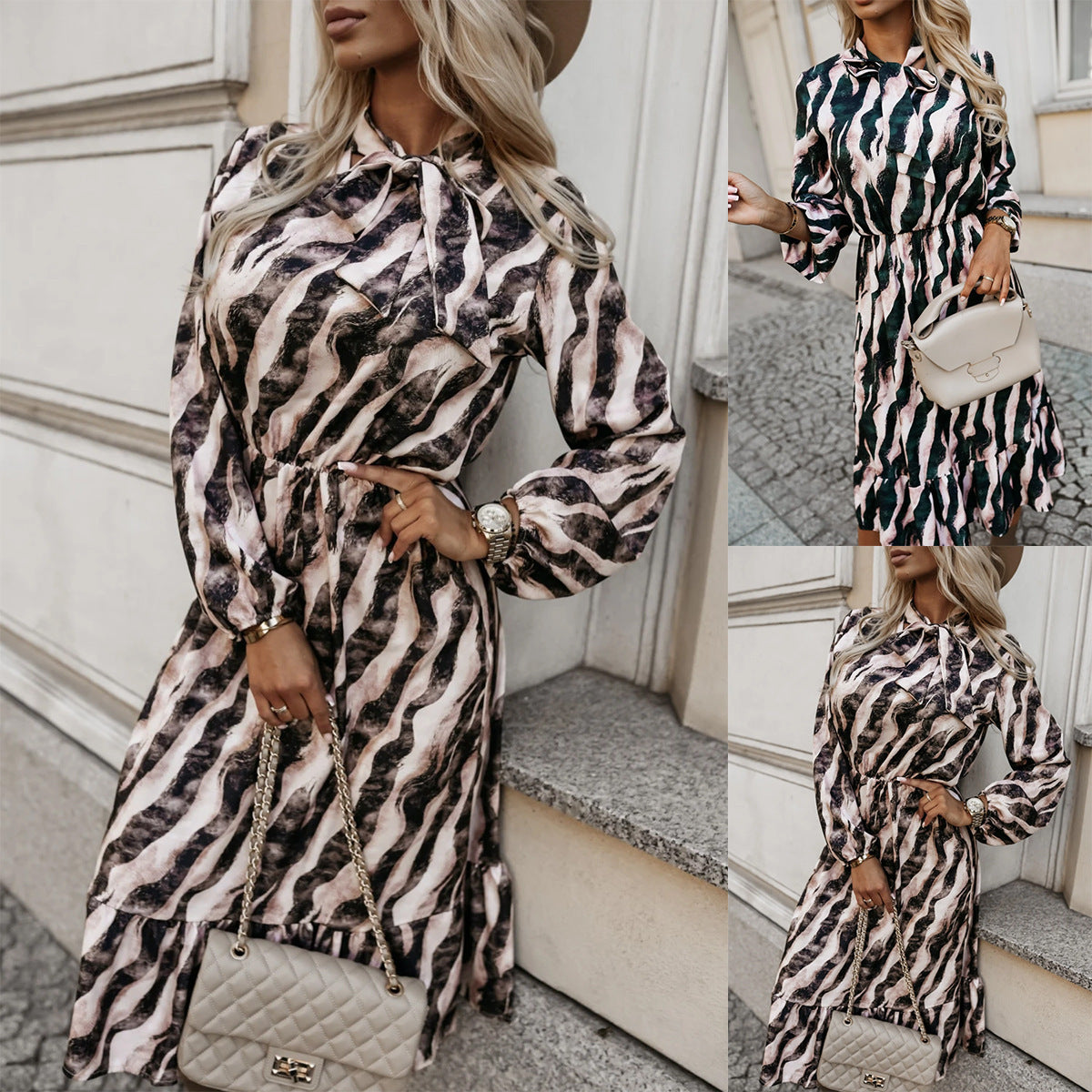 Modisches langärmliges Kleid mit Schleife und Zebra-Print für Damen