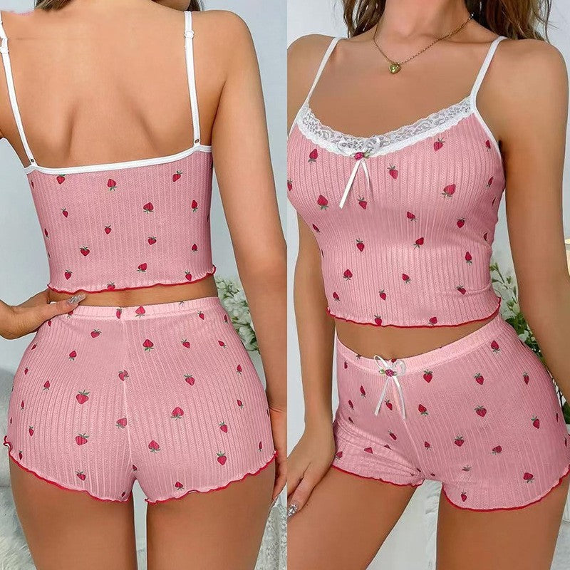 New Printed Big Pit Strip Home Ladies Bow Suspender Shorts Strawberry Printed Two-piece Suit Lace