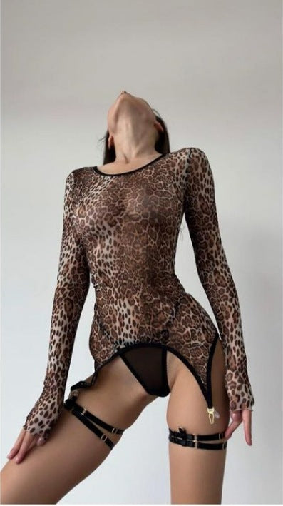 New Long Sleeve Leopard Print Hot Sexy See-through Women's Fashion Suit